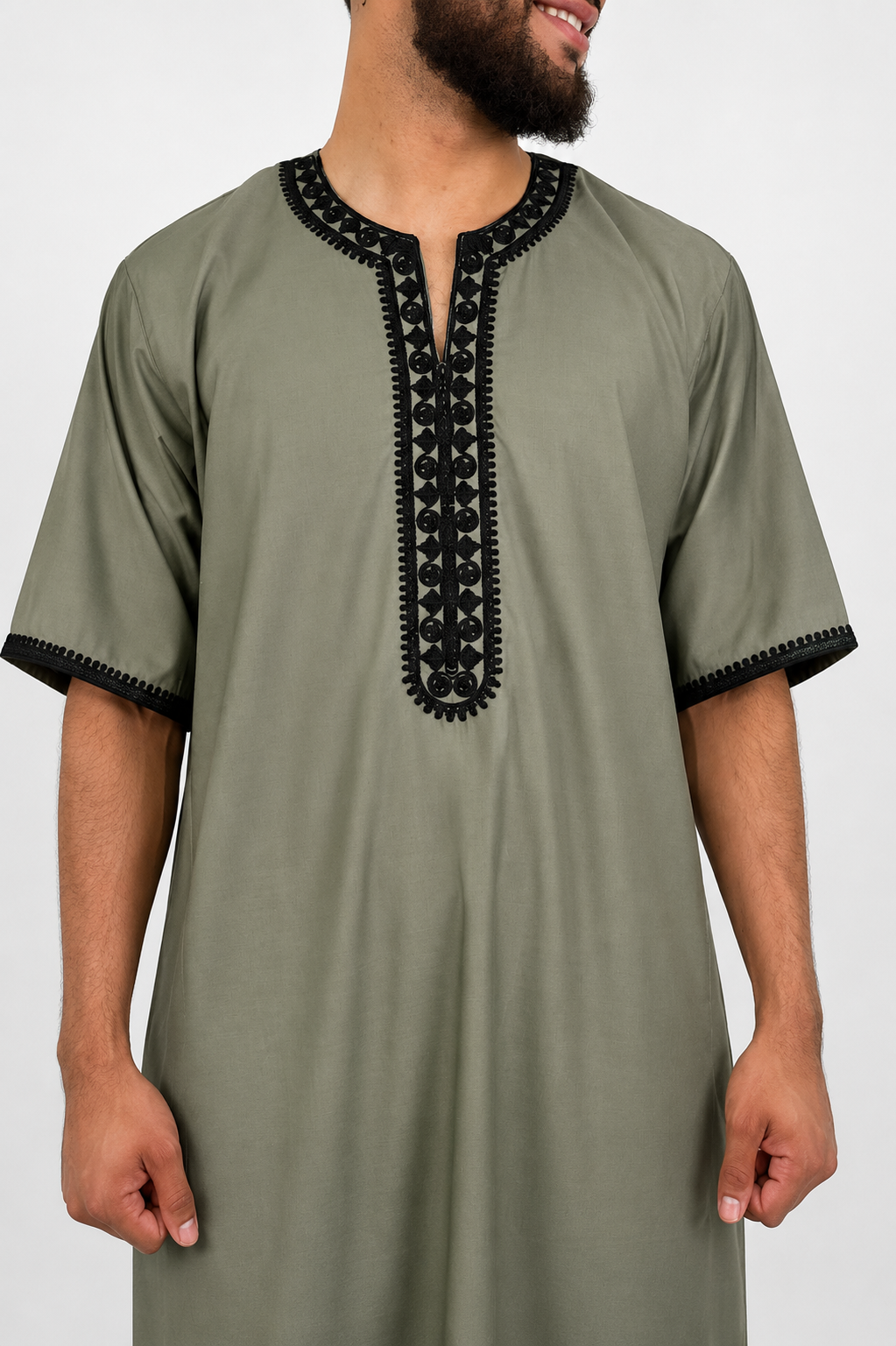 Bestickte Herren Abaya -Oliv Grün