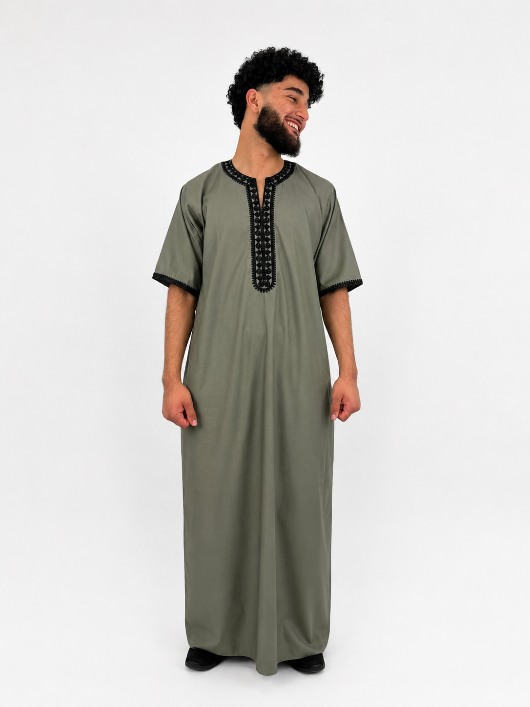 Bestickte Herren Abaya -Oliv Grün