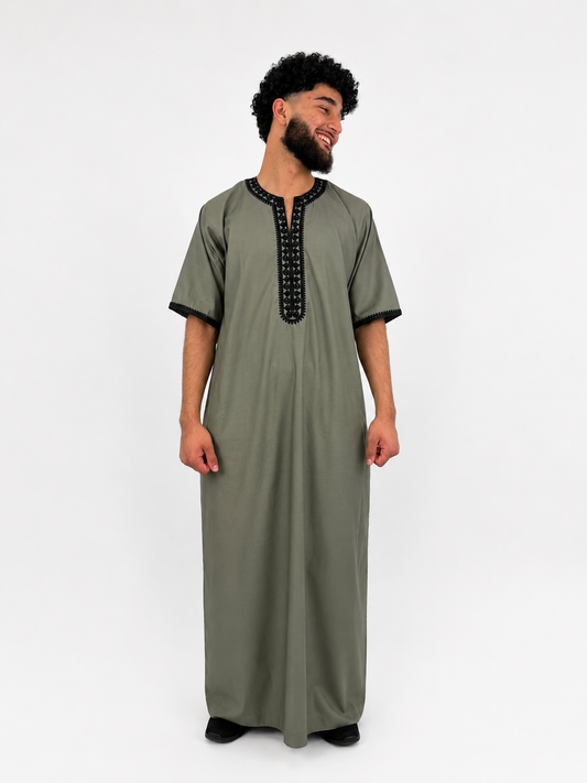 Bestickte Herren Abaya -Oliv Grün
